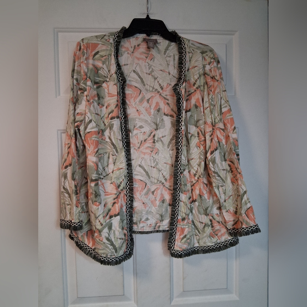 Chico's Casual Multicolor Tropical Leaf Floral Print Kimono Style Top Size Large